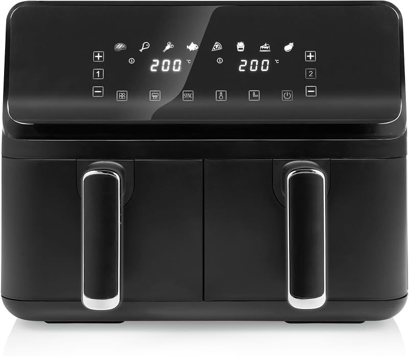 digitale Heißluftfritteuse mit Doppelkorb - 2 x 4 L Fassungsvermögen - 2700 W - 8 Programme - Temperatur pro Korb einstellbar, Blacks, FR-9026, Schwarz