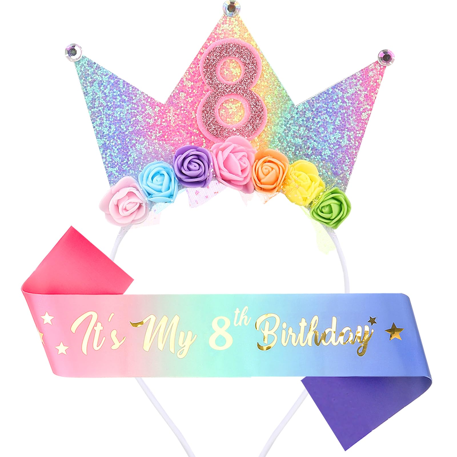 Leixi Headband & Glitter Sash Set for Girl Birthday Decor,Birthday Flower Princess Crown Headband for Girl Outfit (Purple 8)