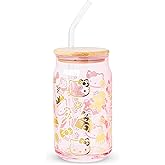 Silver Buffalo Sanrio Hello Kitty Gingerbread Cookies Christmas Holiday Pink and Gold Foil Glass Jar Tumbler with Bamboo Lid and Glass Straw, 16 Ounces