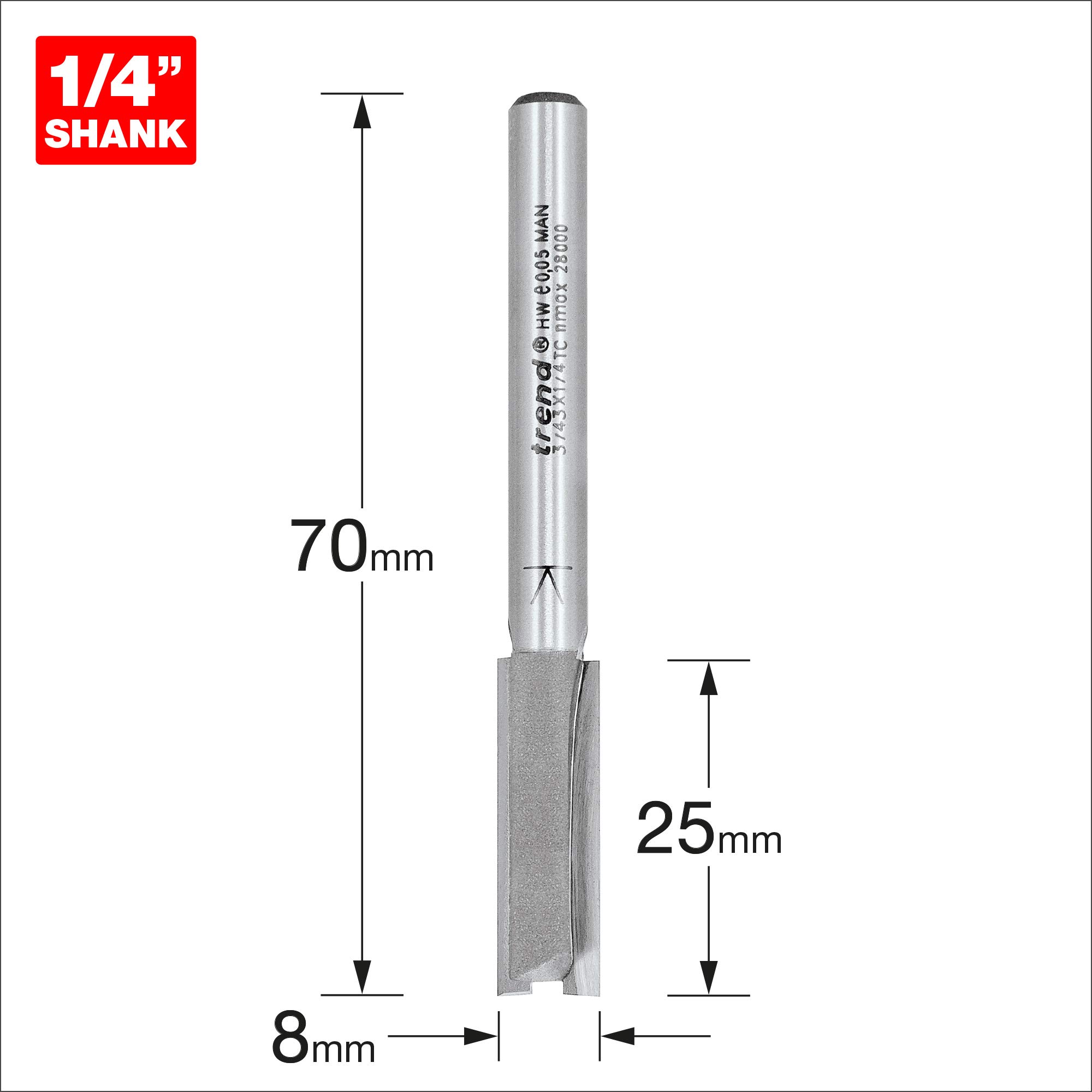 Trend Professional Straight Two Flute Router Cutter, 1/4 Inch Shank, 8mm Cut Diameter, Tungsten Carbide Tipped, 3/43X1/4TC