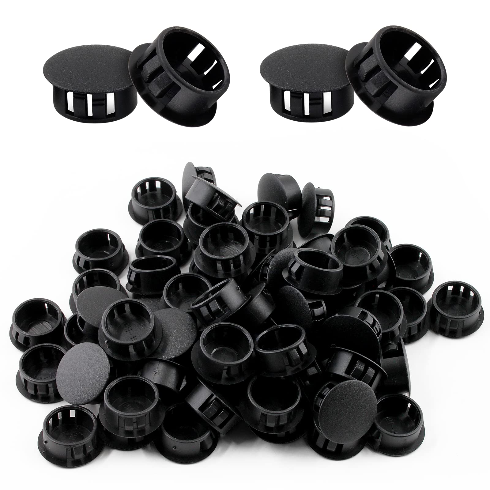 Cjueiom 60pcs 16mm / 5/8" Hole Plugs Black Plastic Hole Covers, Flush Type Drill Hole Cover Caps Snap in Locking Blanking Cap, Post Pipe Insert Screw Hole Cover for Kitchen Cupboard Cabinet Shelf