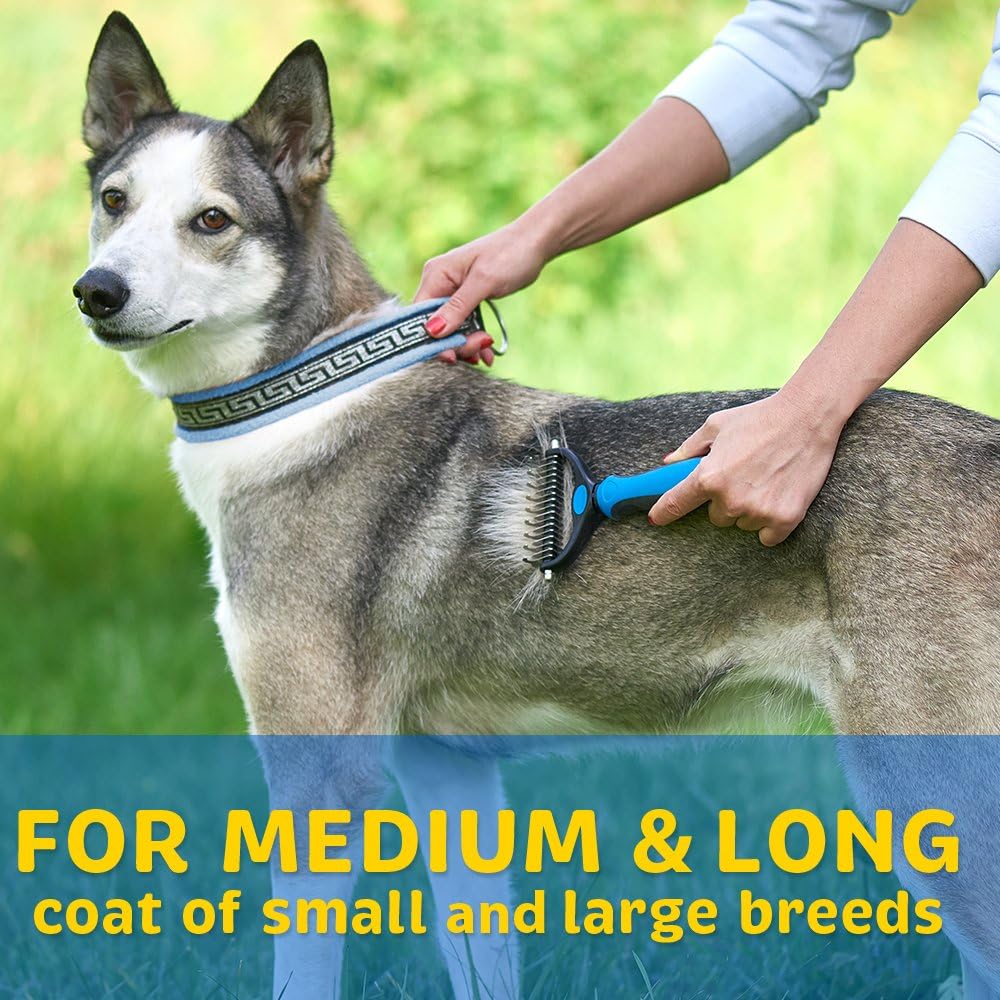 Pet Grooming Tool - 2 Sided Undercoat Rake for Cats & Dogs - Safe Dematting Comb for Easy Mats & Tangles Removing - No More Nasty Shedding and Flying Hair: Pet Supplies