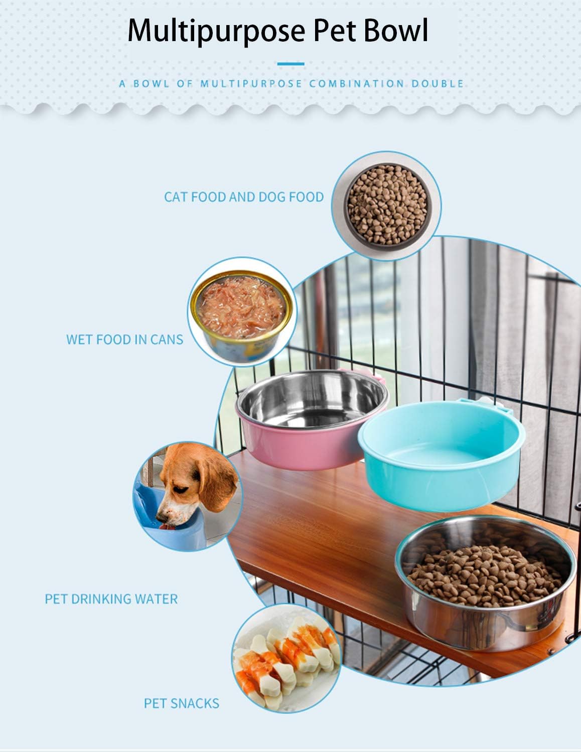 Dog Cage Crate Water Bowls Dog Food Bowl Cat Feeding Bowl 2-in-1 Pet Hanging Bowl Removable Stainless Steel Dog Bowl with Plastic Puppy Feeder Food Water Bowl for Dog Cat Bird Rabbit Hamster Ferret - Image 3