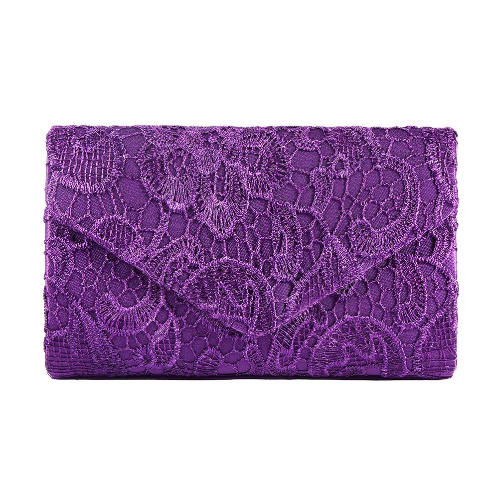 AbyelikeWomens Ladies Satin Lace Envelope Clutch Purses, Womens Floral Lace Evening Shoulder Bag for Parties Wedding Handbag (Purple)