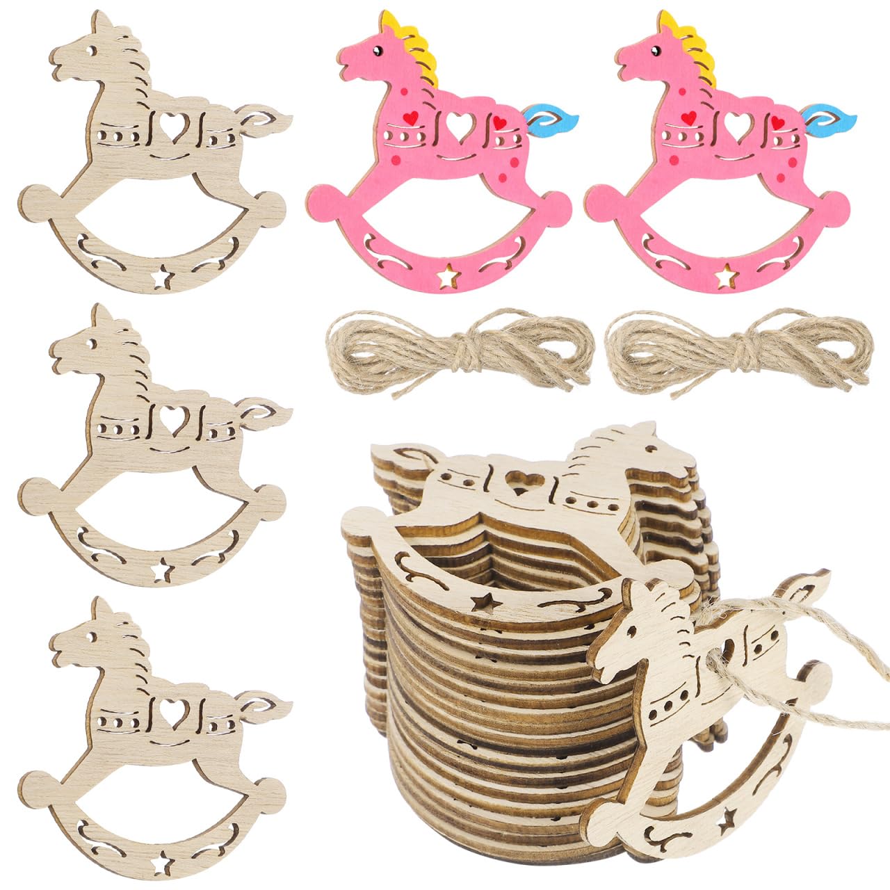Ciieeo Unfinished Rocking Horse Slice, 20pcs Wooden Horse Cutouts, Wooden Hollow Hanging Slices for Christmas Tree Home Decor, 2.75x2.36in