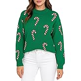 HeJoy Christmas Sweater for Women Soft Drop Shoulder Pullover Crewneck Cute Candy Cane Holiday Sweater
