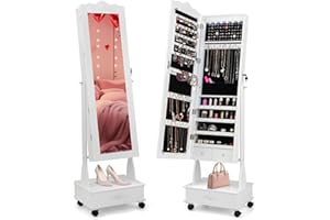 CHARMAID Rolling Jewelry Armoire with Full Length Mirror, Lockable Stand up Jewelry Cabinet with Lights and Wheels, Standing Jewelry Organizer with Drawers, Mirror with Jewelry Storage (White)