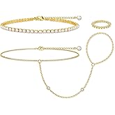 MOINSPIRE Gold Hand Chain Bracelet for Women-3PCS 14K Gold Plated Trendy Dainty Adjustable Stackable Tennis Link Ring Bracelet Hand Chain, Elastic Beaded Rings Non Tarnish Jewelry Gift for Women