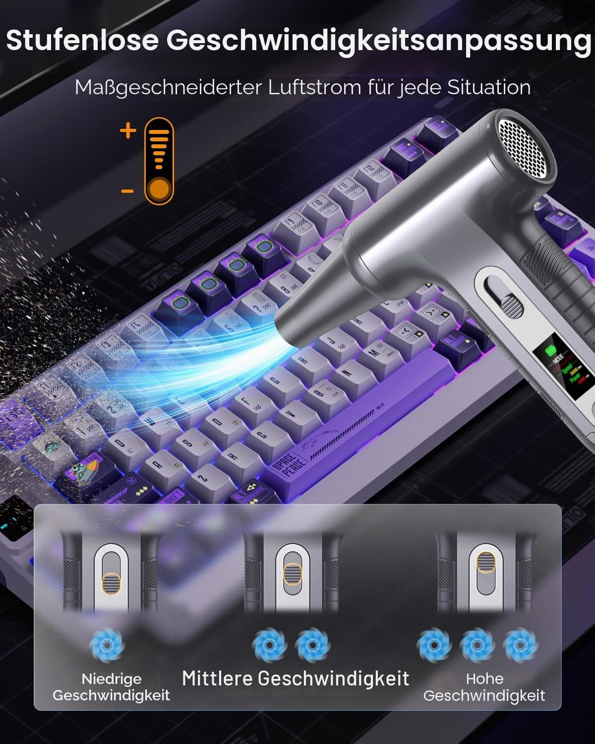 Elektrische Staubgebläse 200000 RPM mit HD‑Display - Air Duster Mini‑Gebläse für PC‑Reinigung mit LED‑Licht, Druckluftspray für Laptops, Tastatur, Elektronik, Modell W06, Silber 5