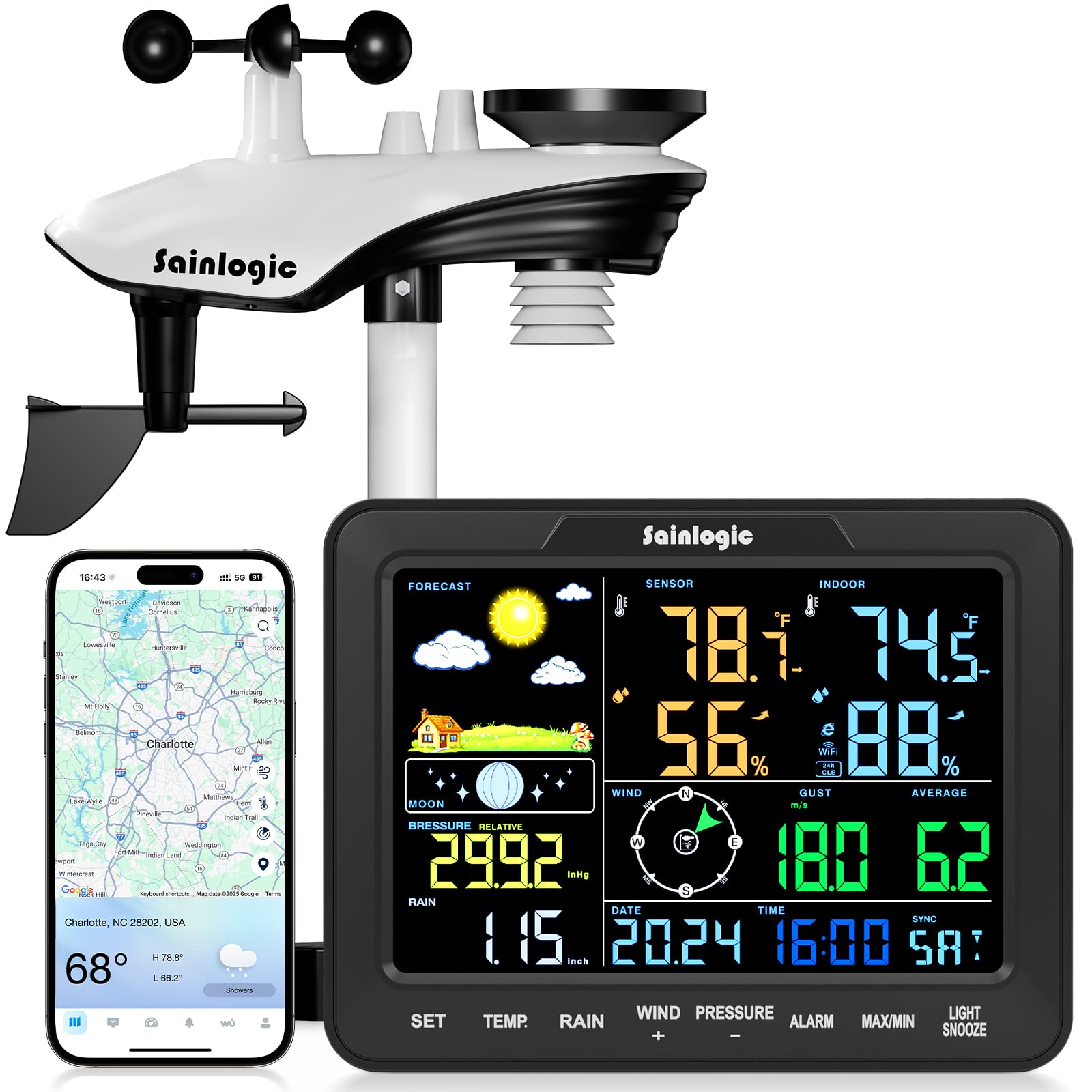 Photo 1 of Sainlogic Smart WiFi Weather Stations Wireless Indoor Outdoor SA68 Plus,24/7 AI Weather Forecast by Weatherseed®,APP/Email Alert,Home Weather Station with Rain Gauge,2-Year Data Storage(Only 2.4G)