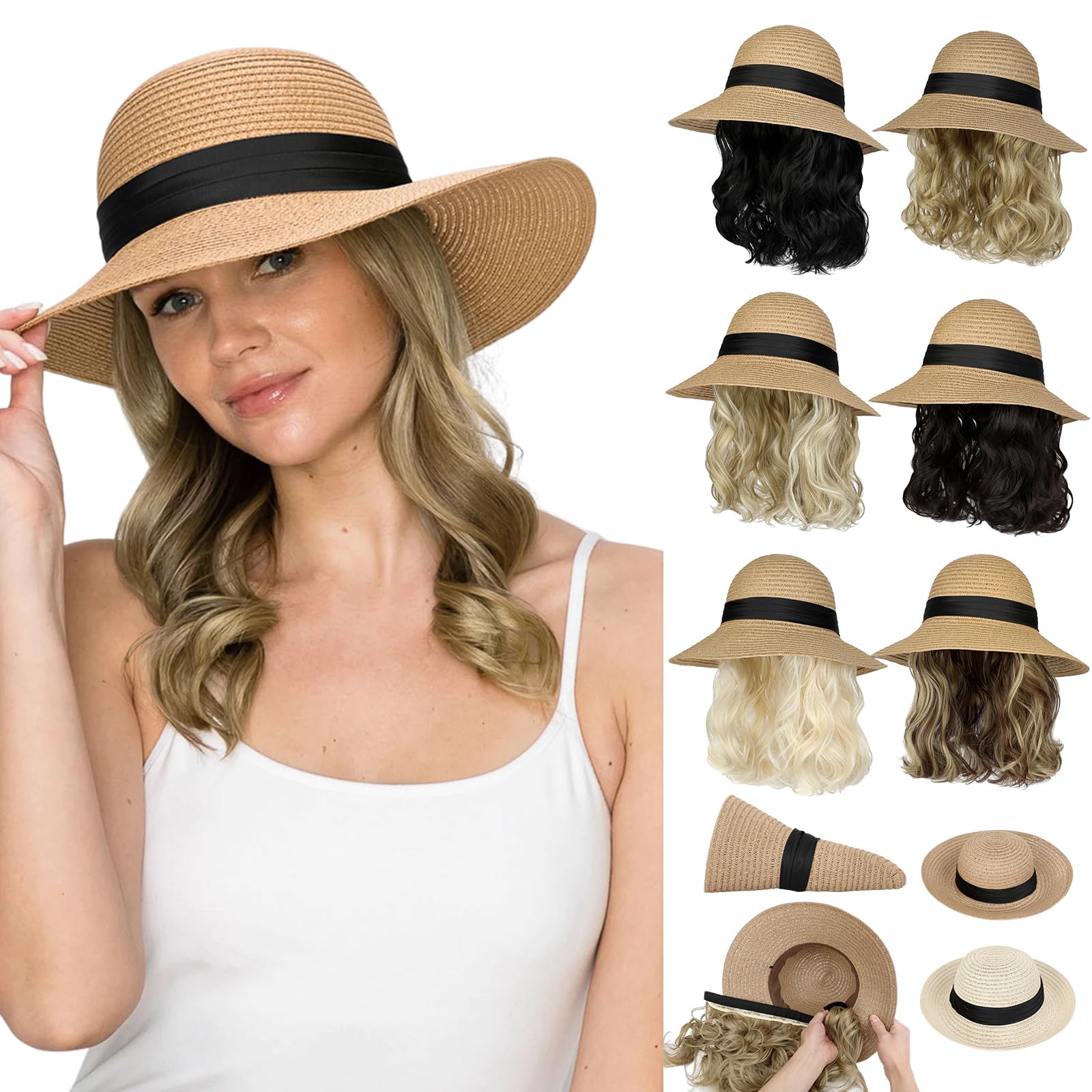 Photo 1 of Cephermer Sun Hat, Straw Hat Wig Detachable Adjustable Cap with 12 Inch Synthetic Wavy Hair Extensions Foldable for Women Summer Beach Outdoors Ash Blonde Mix Bleach Blonde