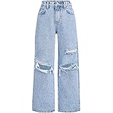 oyyniis Baggy Jeans for Girls Wide Leg Ripped High Elastic Waisted Denim Pants Cute Summer Trousers Y2K Streetwear 7-14Y