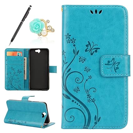 Uposao Kompatibel mit HTC One A9 Handyhülle Lederhülle Leder Tache Retro Vintage Schmetterling Muster Brieftasche Schutzhülle Flip Wallet Cover Handytasche mit Kartenfächer,Blau
