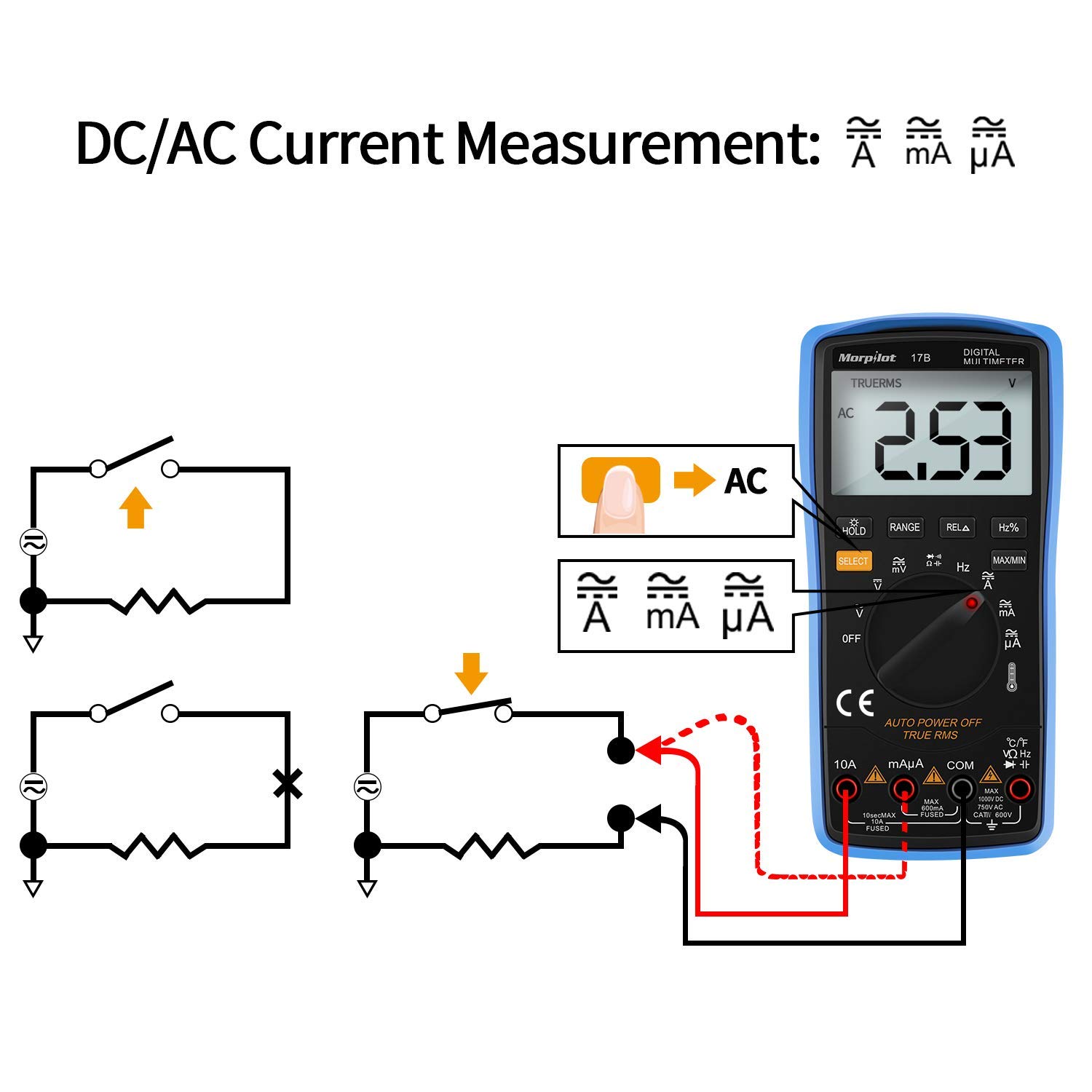 Digital Multimeter, Morpilot Auto-Ranging 6000 Counts DC/AC Voltage & Current, Resistance, Frequency, Continuity, Capacitance, Diode, Temperature, 3.0 Inch Backlight Large LCD Display & Test Leads
