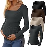 Huukeay 4 Pack Women's Maternity Shirts Cotton Ribbed Long Sleeve Square Neck Pregnancy Tunic Tops Side Ruched Basic Tee