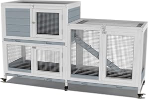 GDLF Two Floors 58" Wooden Indoor Bunny Hutch Rabbit Cage on Wheels Guinea Pig PET House for Small to Medium Animals Waterproof No Leak Tray