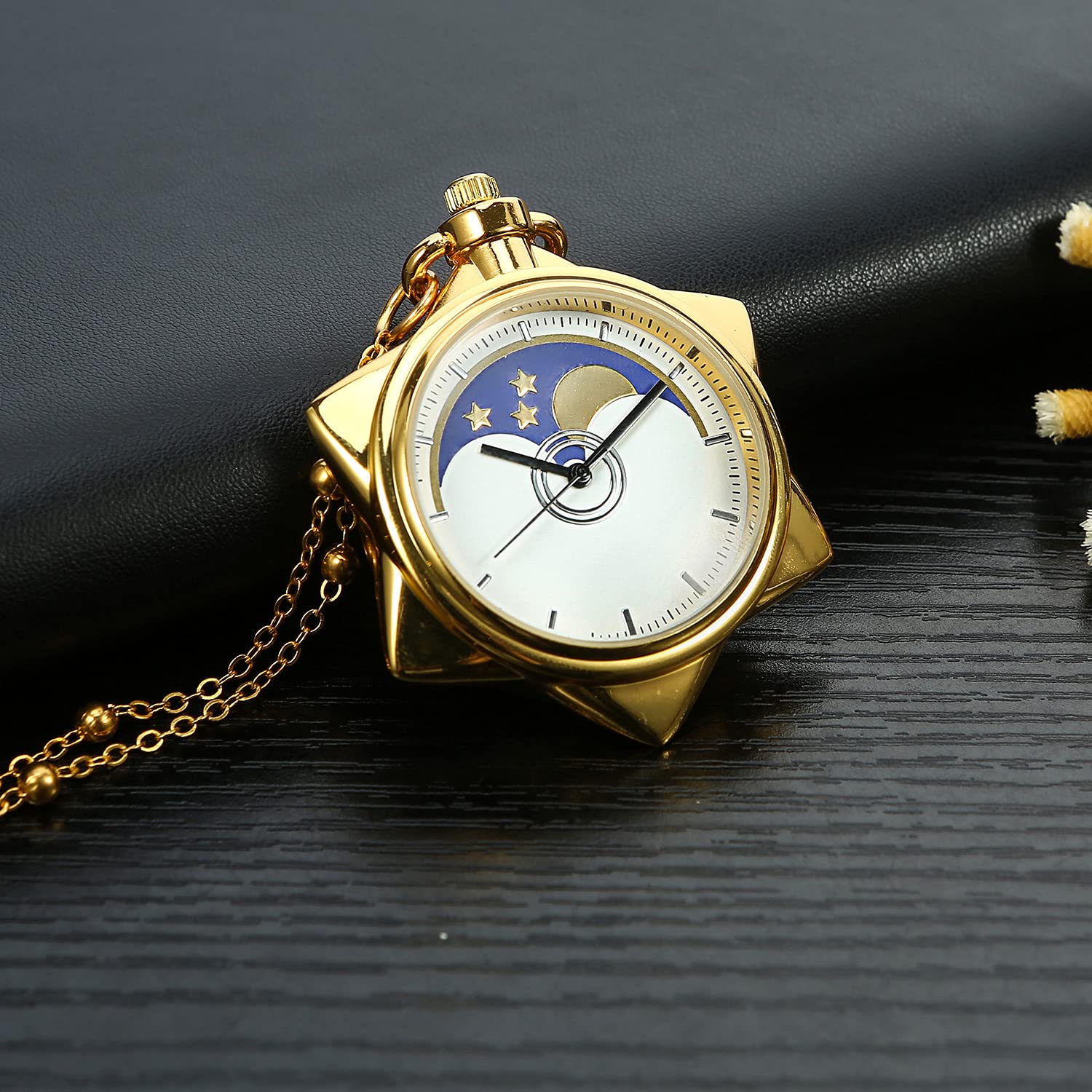 BOSHIYA Sailor Moon Pocket Watch Gold Rhinestone Star Quartz Pocket Watches for Women with Chain Necklace Cosplay Accessories & Gifts Box