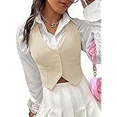 SweatyRocks Women's Solid Button Front Crop Waistcoat V Neck Sleeveless Blazers Vest Tops
