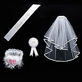 Bride to be Decoration Set for Bachelorette Party Supply(White Double Ribbon Edge Center Cascade Bridal Wedding Veil with Comb,Bride To Be Satin Sash,Rosette Badge and Garter)