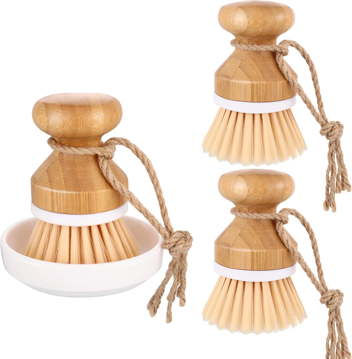 4-Piece Dish Brush Set include 3 Pieces Bamboo Palm Dish Brush Cleaning Scrub Brush Household Pot Scrubber Brush and 1 Holder for Dishes Pots Pans Kitchen Sink Cleaning