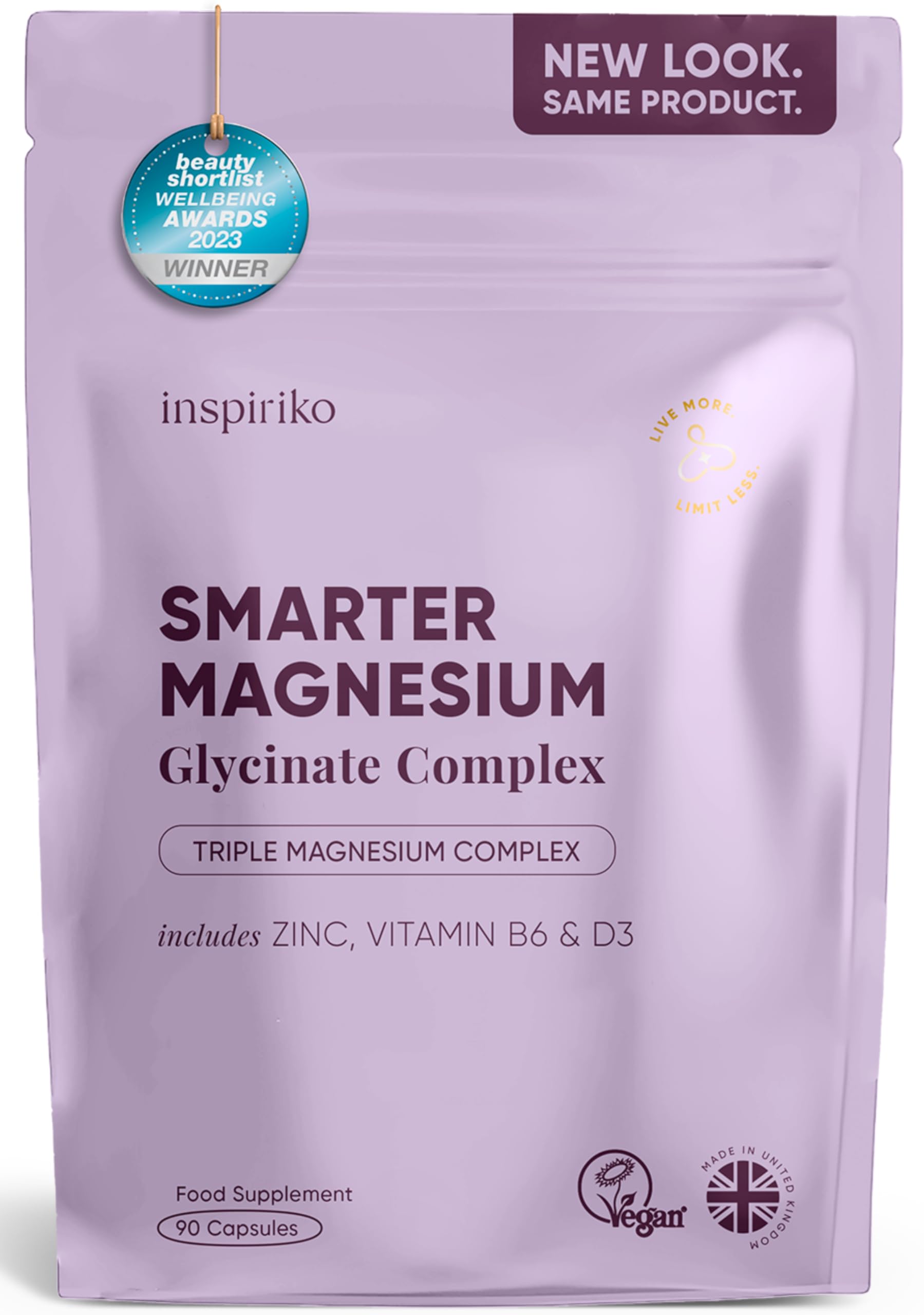 Inspiriko 6-in-1 Magnesium Supplements for Women (45 Day Supply) 1600mg Triple Magnesium Complex with Citrate, Malate & Glycinate, Zinc, B6 & D3, 90 Capsules