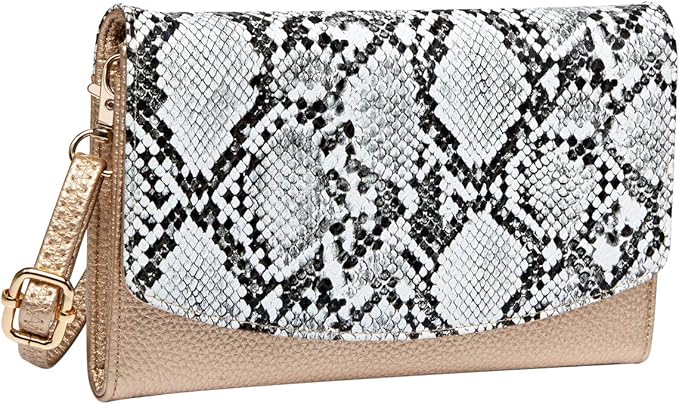 Women's Clutches Purse with Wrist Strap Handbags Snake Print Wallet, Grey + Gold