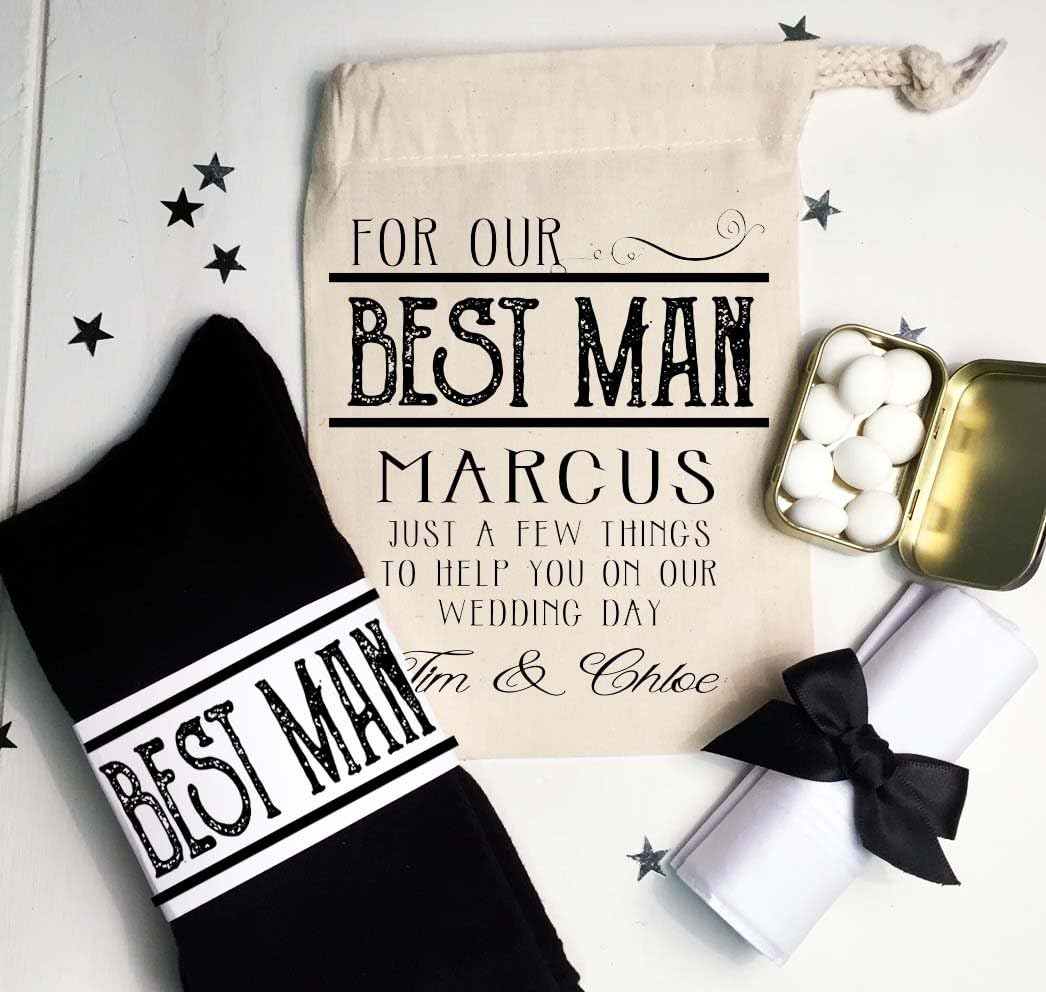 Pre Filled Best Man Wedding Morning Gift Bag Vintage Design Personalised with Any Name Socks Mints and Hanky