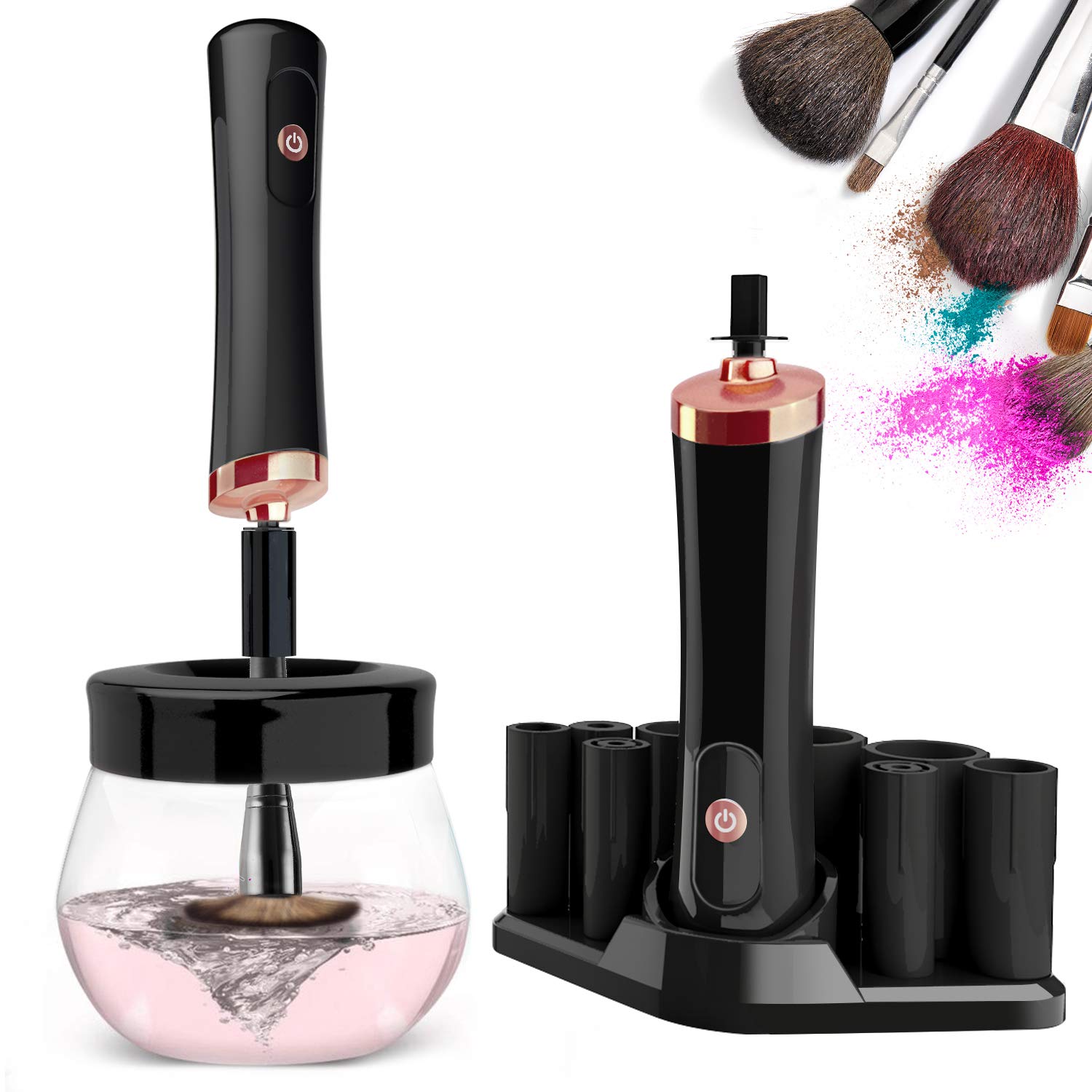 Makeup Brush Cleaner and Dryer, Super-Fast Electric Brush Spinner Machine Mat with 8 Size Rubber Collars, Wash and Dry in Seconds, Automatic Deep Cosmetic Makeup Brush Tools for Most Size Brushes