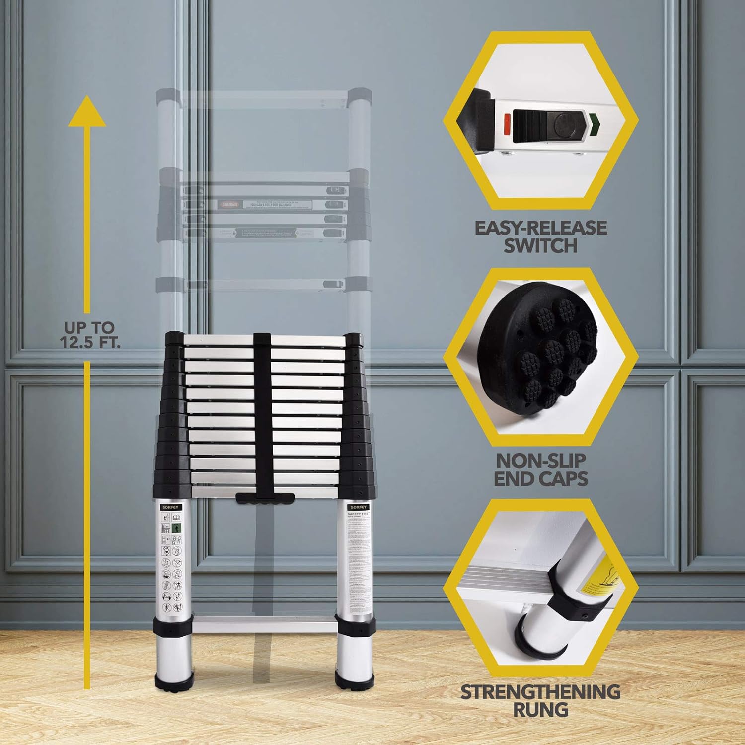 Sorfey Premium 12.5 ft Aluminum Telescopic Lightweight Multipurpose Extendable Ladder with 1 Button Spring Loaded Safety Locking Mechanism, Great for Hobbies, DIY Projects – 330 Pound Capacity - - 