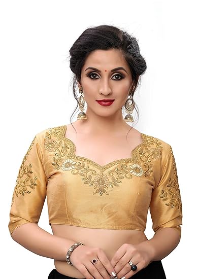 Women's Golden Colour Readymade Blouse Cold Shoulder Sleeves Design For Saree And Lehenga (Gold Color,Size 38 + margin)