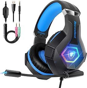 Beexcellent Cascos PS4 con Micrófono Flexible para Xbox One PC Nintendo PS4 Tableta Laptop, Auriculares con Premium Stereo, Orejeras Acolchadas Ligero Cómodo y Diadema Ajustable, Iluminación RGB 