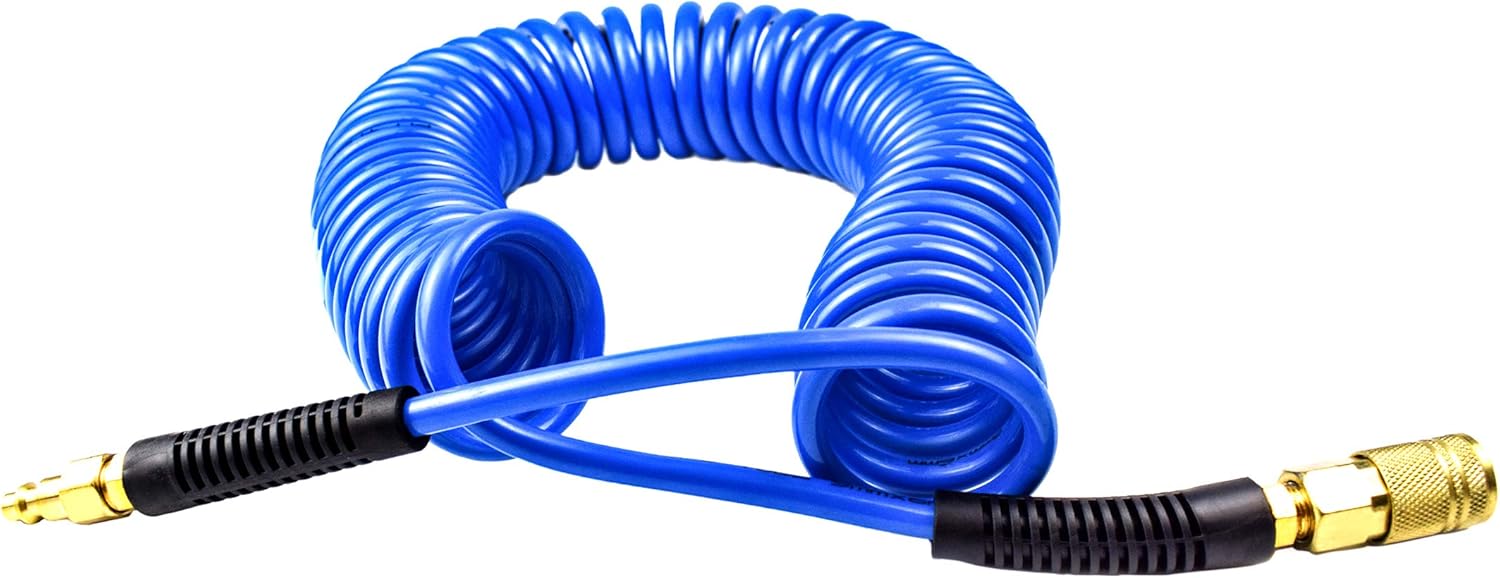 YOTOO Polyurethane Recoil Air Hose 1/4" Inner Diameter by 50' Long with Bend Restrictor, 1/4" Industrial Quick Coupler and Plug, Blue : Home Improvement