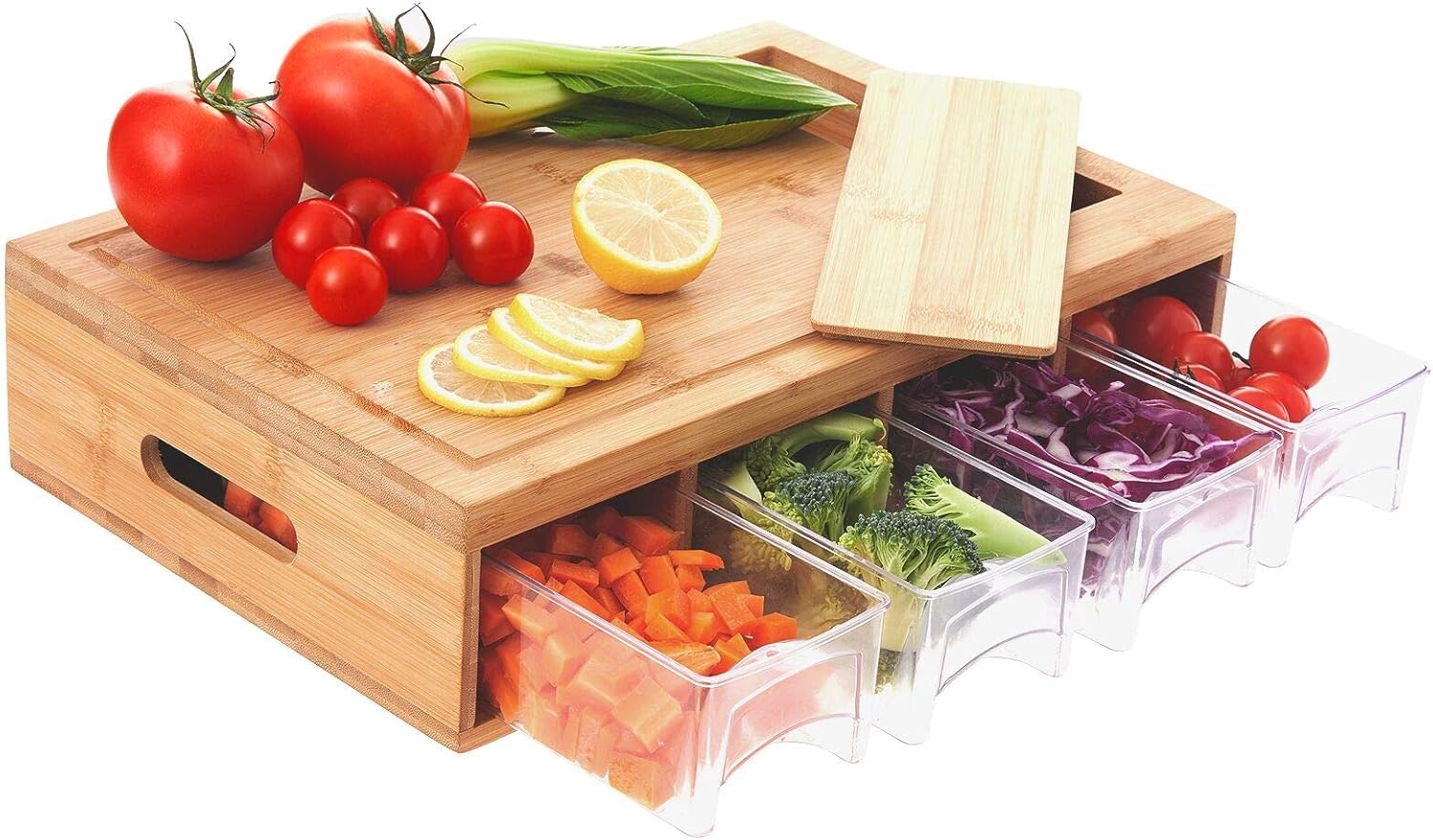 Bamboo Cutting Board with Containers, Large Sliding Opening Juice Grooves Handles to