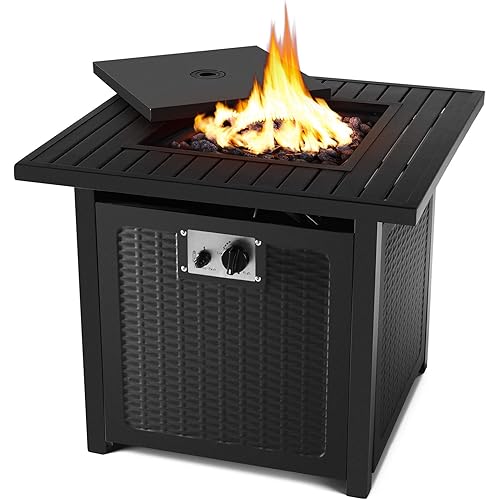 HEMBOR 28" Propane Gas Fire Pit Table, 50,000 BTU Square Fire Bowl, Outdoor Auto-Ignition Fireplace with Waterproof Cover, Lava Rock, CSA Certification, for Garden, Patio, Courtyard, Balcony