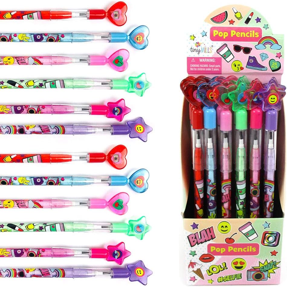 TINYMILLS 24 Pcs Fashion Emoji Multi Point Stackable Push Pencil Assortment with Eraser for Tween Birthday Party Favor Carnival Prize Goodie Bag Stuffers Classroom Rewards Tween Girl Birthday Gift: Toys & Games