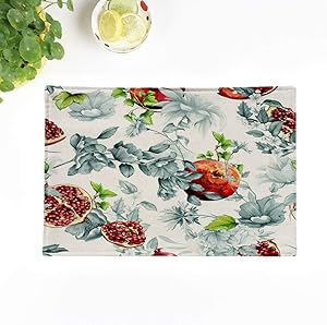 rouihot Set of 4 Placemats Green Abstract Pomegranate Fruit Flowers and Leaves Watercolor Red 12.5x17 Inch Non-Slip Washable Place Mats for Dinner Parties Decor Kitchen Table