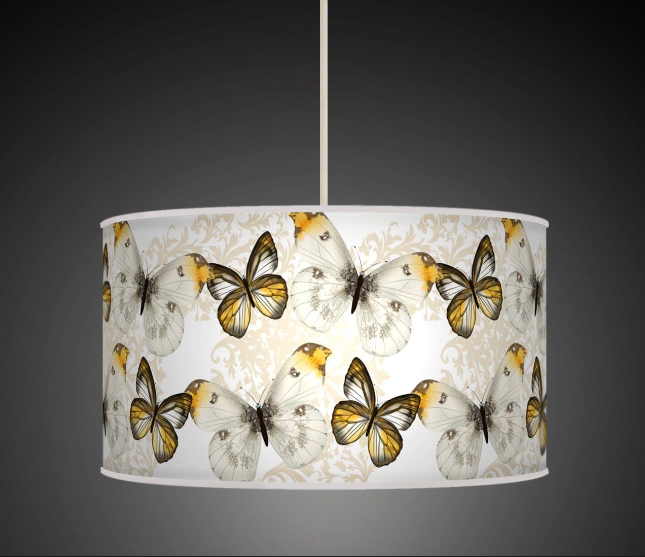 20cm (8") Butterfly Mustard Yellow Grey Beige Handmade Giclee Style Printed Fabric Lamp Drum Lampshade Floor Ceiling Pendant Light Shade 653