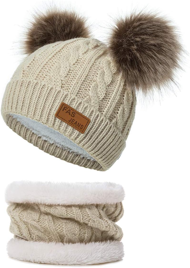 Infant Toddler Winter Hat Scarf Set for Baby Girl Knitted Warm Fleece Lined Skiing Cap Lovely Pompom Kids Beanie 0-24 Months