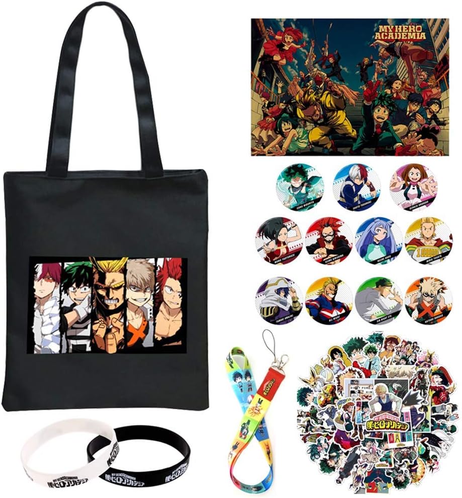 ALTcompluser Anime My Hero Academia MHA Gift Set - 1 BNHA Posters, 50 MHA Stickers Stickers, 11 Buttons Brooch, 2 Silicone Bracelets, 1 Tote Shoulder Bag, 1 Neck Strap