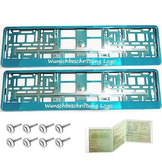 2 Stück Kennzeichenhalter TÜRKIS CHROM mit WUNSCHTEXT Beschriftung Werbung BEDRUCKT Neu