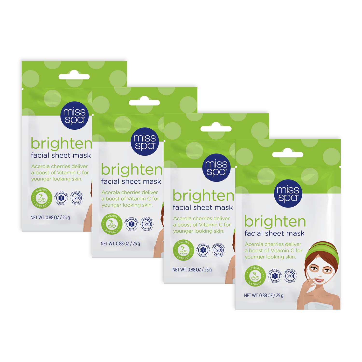 Miss Spa Brightening Facial Sheet Mask Set with Cherry Extract, Toning For Younger Looking Skin, Anti-Aging, Anti-Wrinkle, Skin Care for Women, 4-Pack