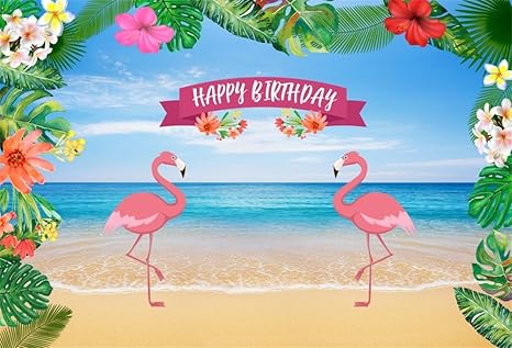 Ofila Happy Birthday Backdrop 8x6ft Tropical Beach Flamingo Photos Background Seaside Theme Birthday Party Decoration Kids Adults Birthday Event