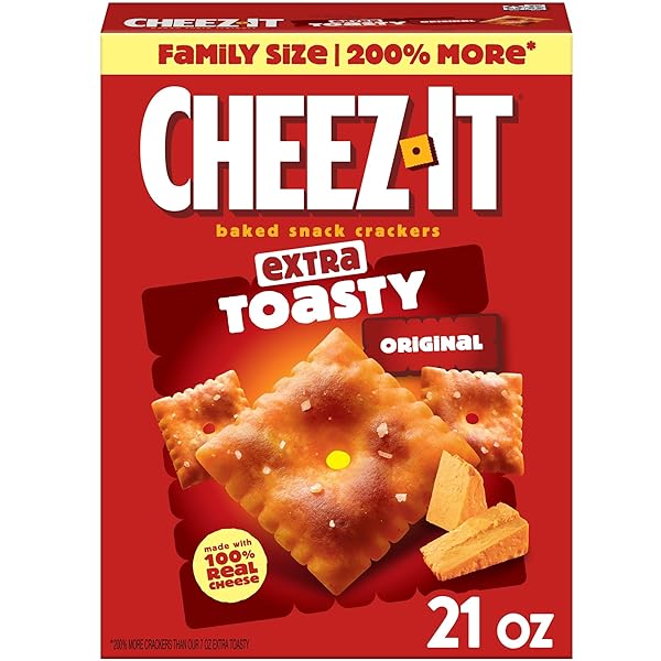 CHEEZ-IT CHEESE CRACKERS, BAKED SNACK CRACKERS, LUNCH SNACKS, FAMILY SIZE, EXTRA TOASTY, 21OZ BOX (1 BOX)