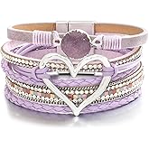 Leather Wrap Bracelet for Women Beaded Cuff Bracelet with Heart-shape Decor Bohemian Crystal Bracelet Jewelry with Clasp Bangle Bracelet for Women Girls Birthday Holiday Gift