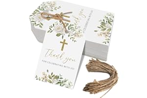 AUKOLASS Baptism Thank You Tags, 50 Pcs Cross Design Thank You for Celebrating with Us Paper Tags for Newborn Baby Shower Birthday (White)