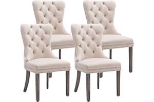 KCC Velvet Dining Chairs Set of 4, Upholstered High-end Tufted Dining Room Chair with Nailhead Back Ring Pull Trim Solid Wood Legs, Nikki Collection Modern Style for Kitchen, Beige