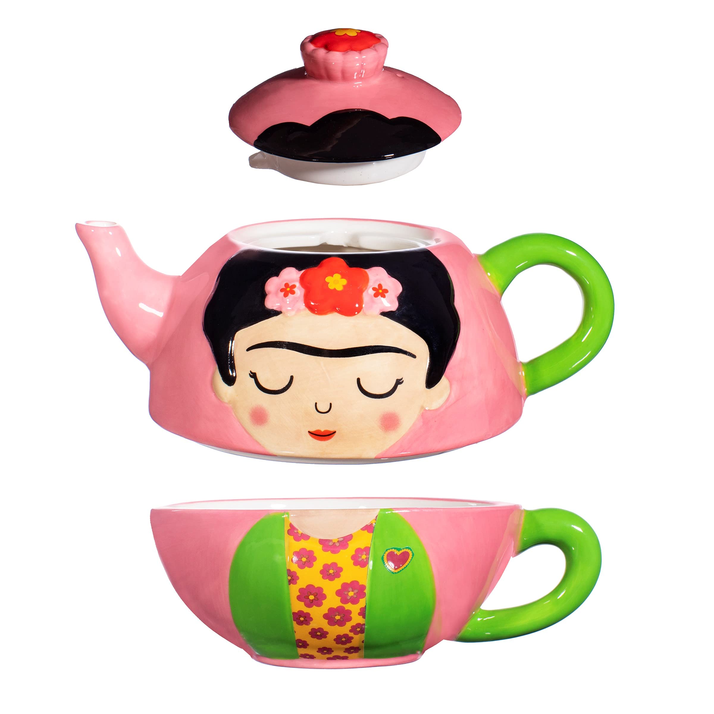 Sass & Belle Frida Tea for One - Ceramic Teapot Set with Mug Artistic Afternoon Tea Set Decorative Kitchen Accessory Gift for Mum Home Decor Pot and Mug Designed by Sass and Belle
