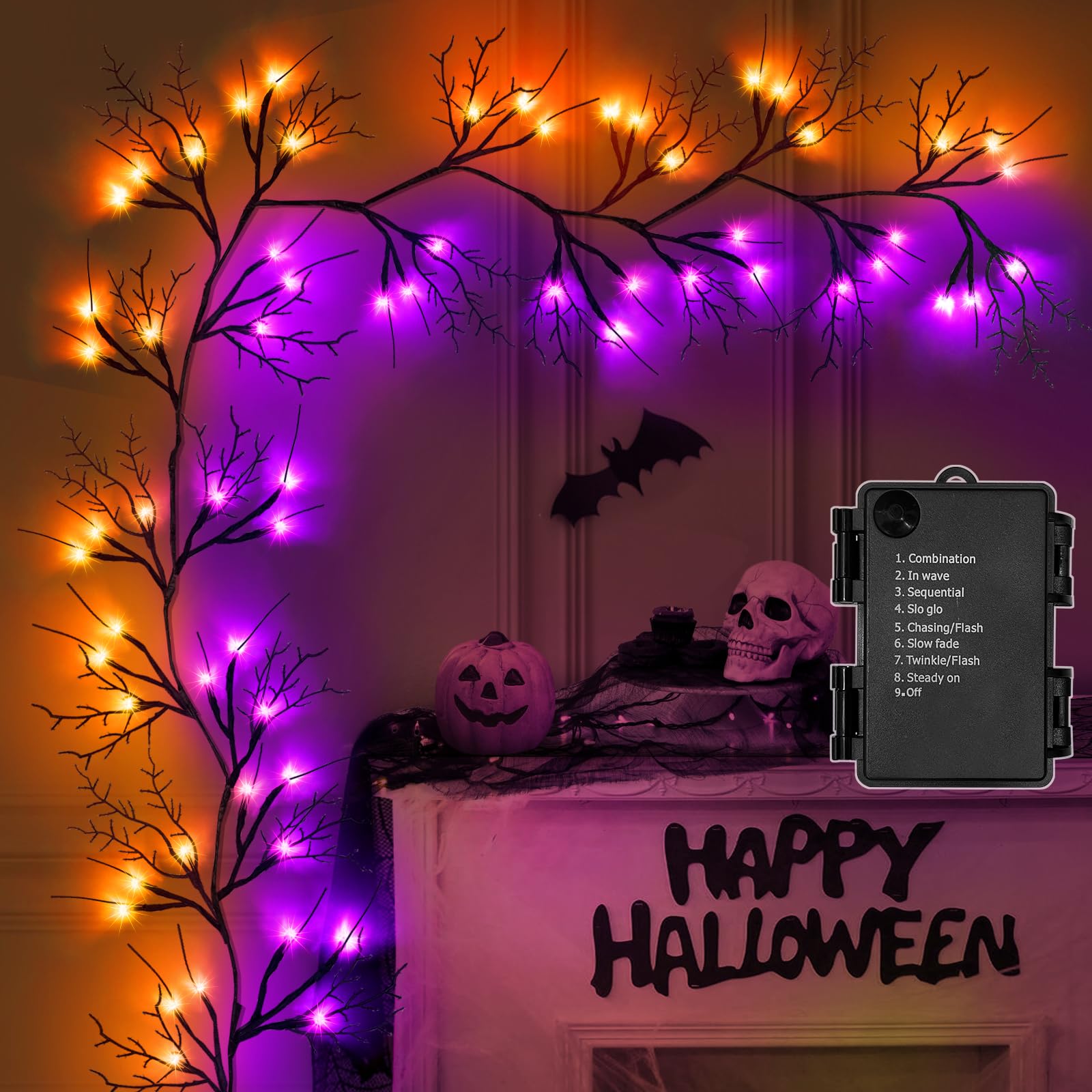 Photo 1 of 9 Ft 54 LED Halloween Willow Vine Twig Decor Garland with 8 Modes Timer Orange & Purple Lights Waterproof Battery Operated Halloween Decorations for Home Bedroom Wall Fireplace Mantle Decor