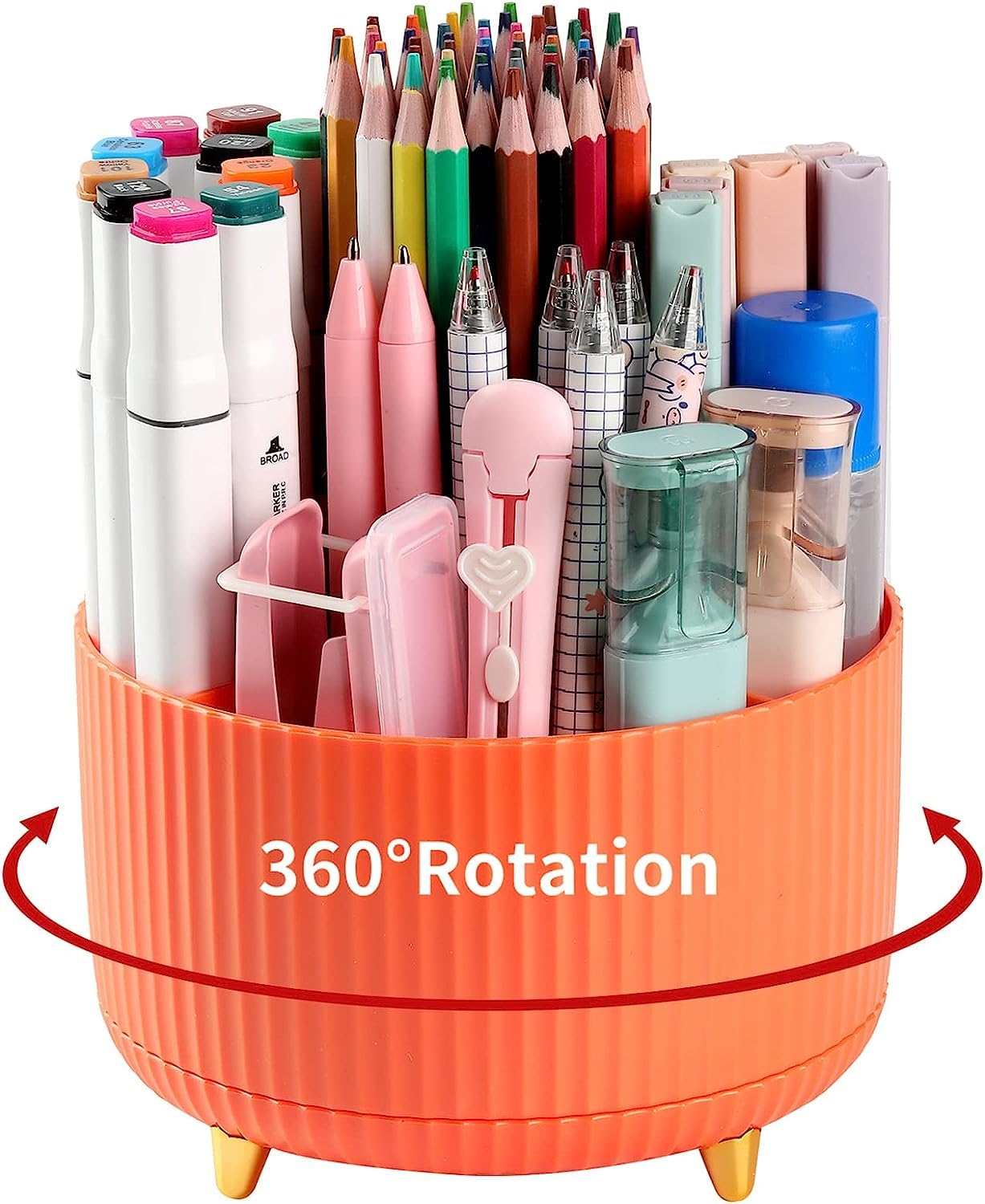 Pencil Pen Holder for Desk, 5 Slots 360°Degree Rotating Pencil Pen Organizers for Desk, Desktop Storage Stationery Supplies Organizer, Cute Pencil Cup Pot for Office, School, Home, Art Supply (Orange)