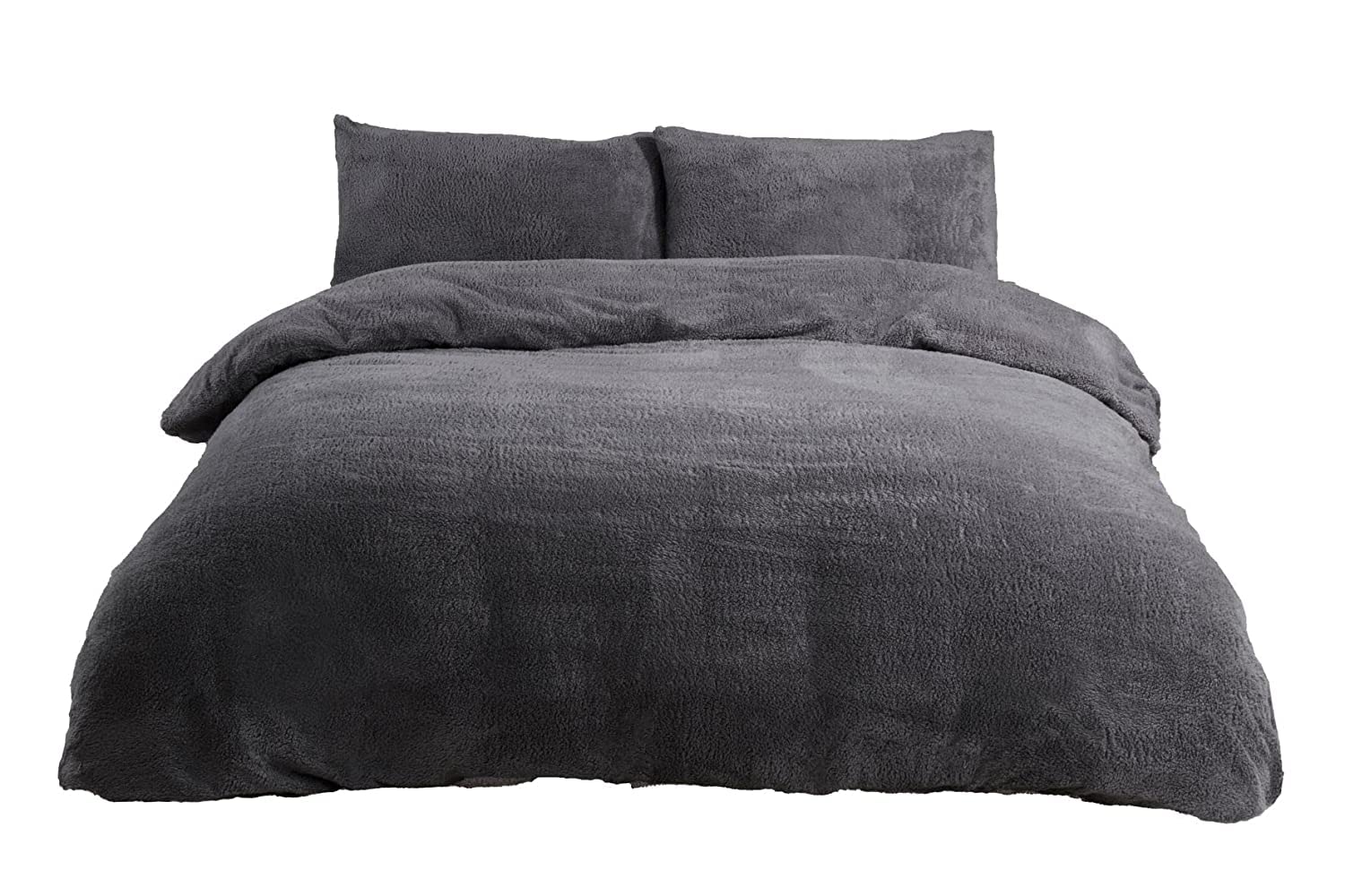Sleepdown Teddy Fleece Duvet Cover Quilt Bedding Set with Pillow Cases Thermal Warm Cosy Super Soft - King - Charcoal, 5056242736356